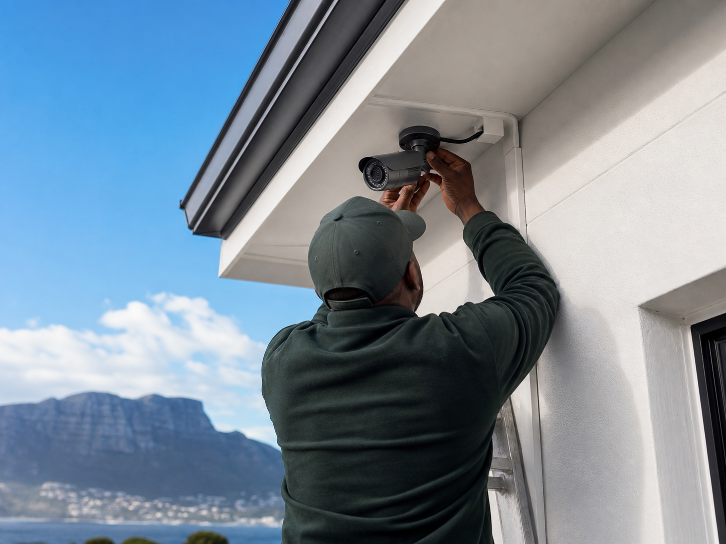 Technician installing an outdoor CCTV camera